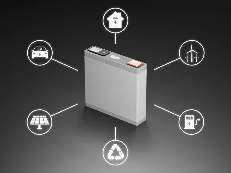 Darstellung eines Batteriespeichers mit Symbolen für Haus, Elektroauto, Windrad und Photovoltaik